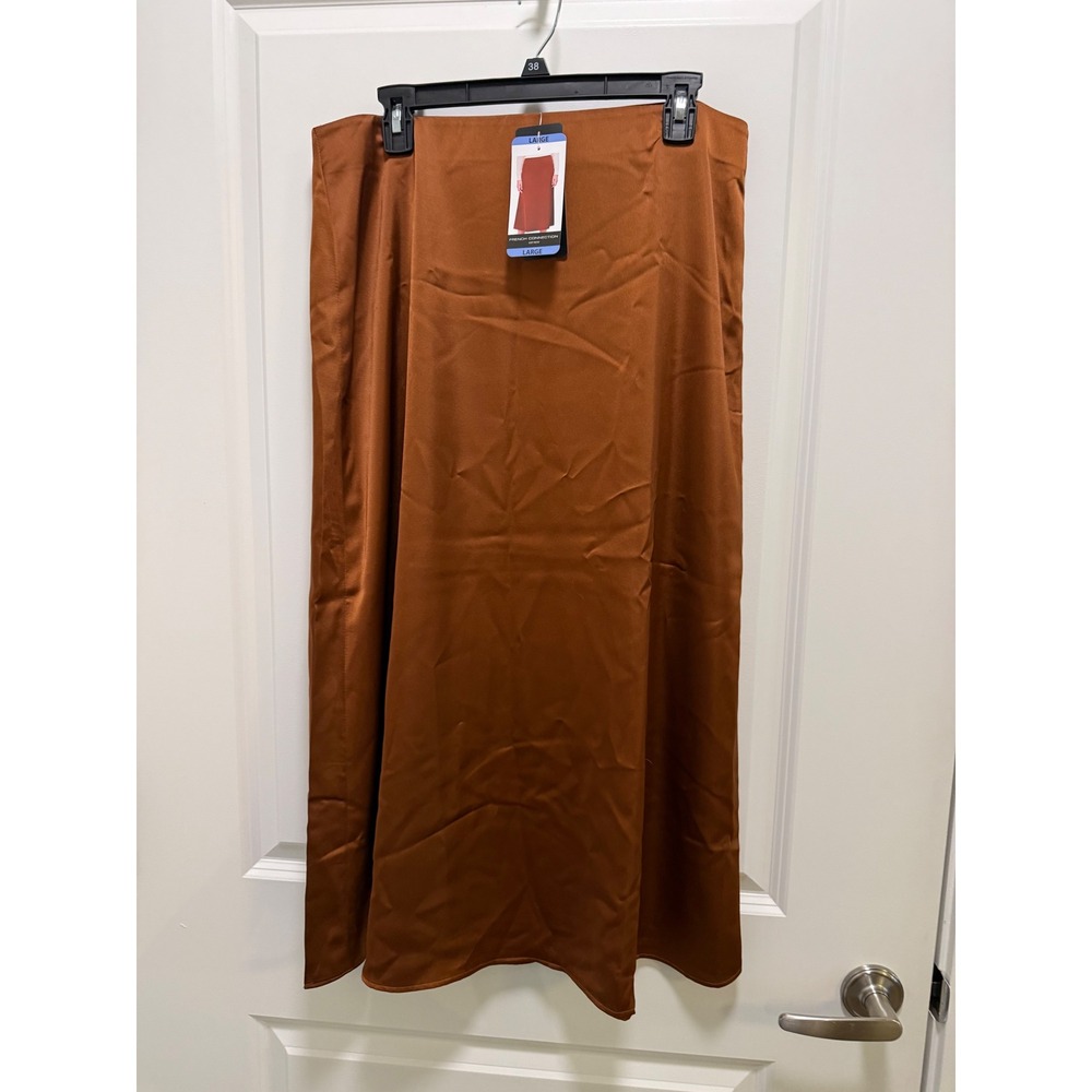 French Connection Womens Satin Midi Slip Skirt Brown Side Zip Size Large NEW